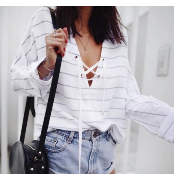 Rails Tops - Rails Lily Positano Stripe Linen Lace Up Top